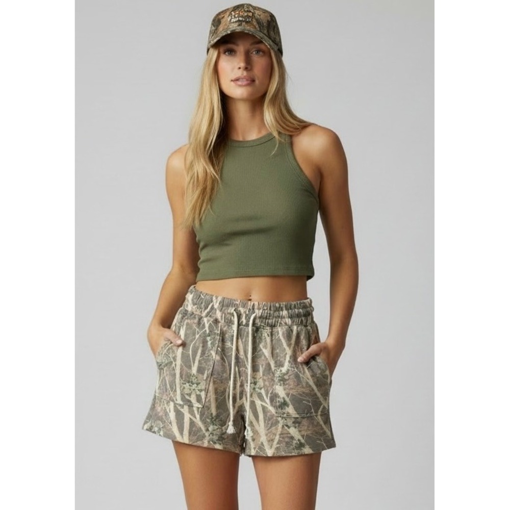 Bluenotes Camo Tree Print Sweat Shorts XS Brown Green Gorpcore Lounge Pocket